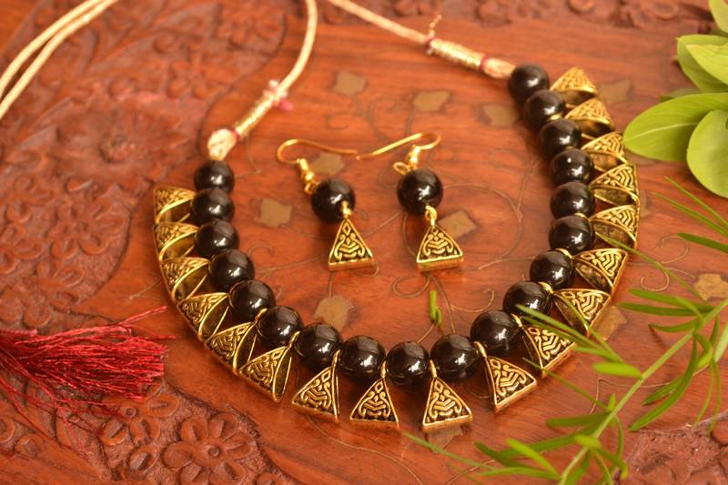 Designer Oxidised Golden Stone Necklace Set