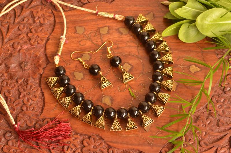 Designer Oxidised Golden Stone Necklace Set