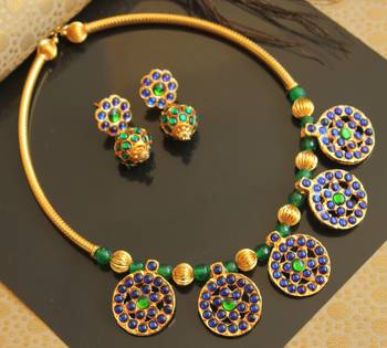 Beautiful Blue Green Designer Temple Necklace Set  1