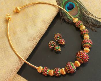 Beautiful Kemp Green Rudhra Balls Designer Necklace Set  1