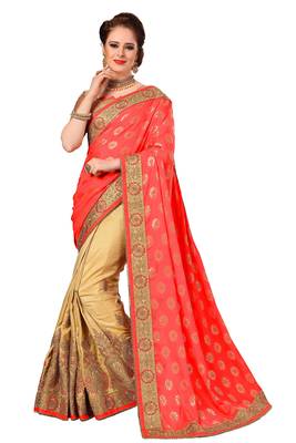 Pink embroidered jacquard saree with blouse 1
