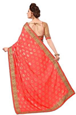 Pink embroidered jacquard saree with blouse 2