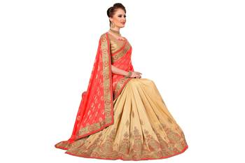Pink embroidered jacquard saree with blouse 3