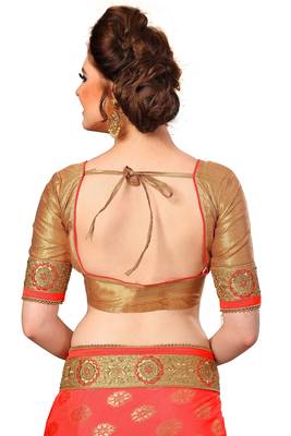 Pink embroidered jacquard saree with blouse 4