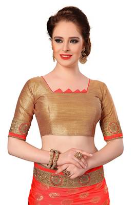 Pink embroidered jacquard saree with blouse 5