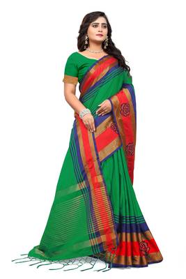 Green Plain Cotton Silk Saree With Blouse 3