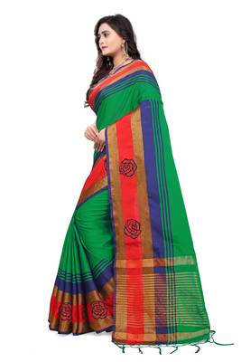 Green Plain Cotton Silk Saree With Blouse 4
