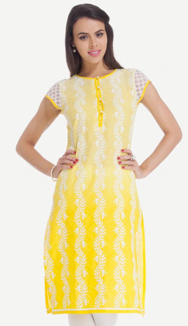 Yellow Polyester Short Sleeves Round Neck stitched kurtas and kurtis
