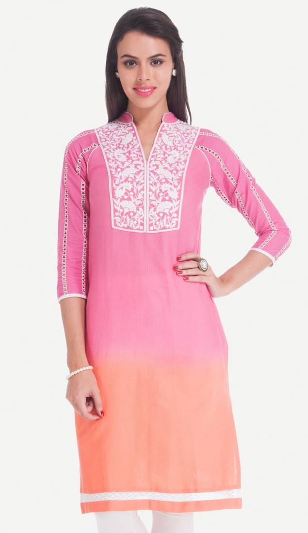 Yellow Polyester Three Quarter Sleeves V Neck stitched kurtas and