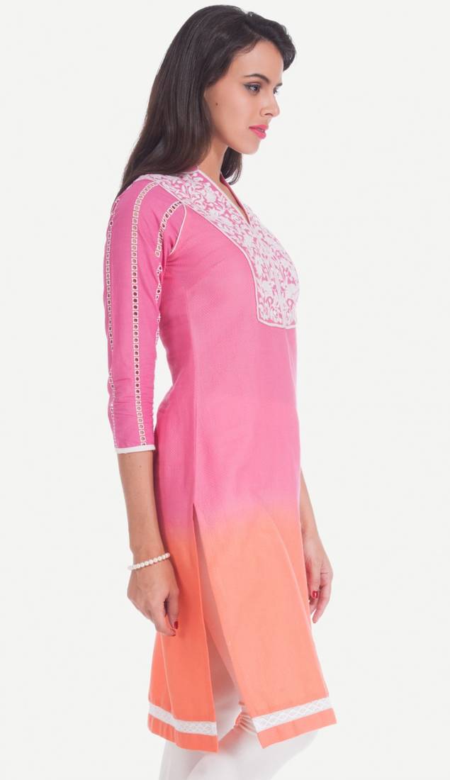 Yellow Polyester Three Quarter Sleeves V Neck stitched kurtas and