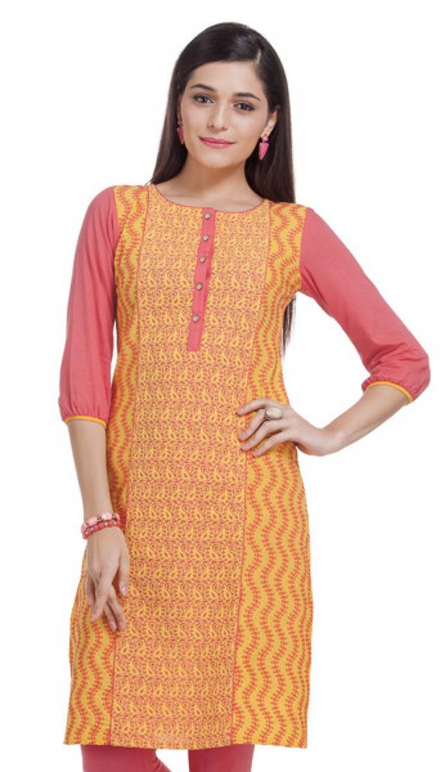 Yellow Polyester Three Quarter Sleeves Round Neck stitched kurtas and