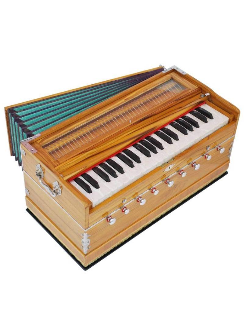 Harmonium Teak Wood, 9 Stop- 5 Main & 4 Drone, 3   Octave, Coupler, Natural Wood Color, Gig Bag, Bass/Male Reed- 440 Hz