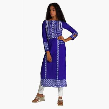 Blue Polyester Three Quarter Sleeves Round Neck stitched kurtas and kurtis 1