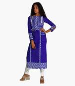 Blue Polyester Three Quarter Sleeves Round Neck stitched kurtas and kurtis