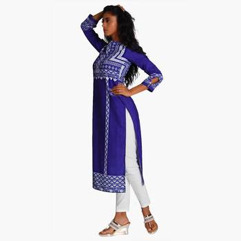 Blue Polyester Three Quarter Sleeves Round Neck stitched kurtas and kurtis 2