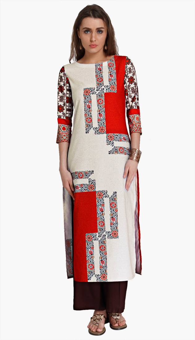 White Polyester Three Quarter Sleeves Round Neck stitched kurtas and kurtis