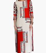 White Polyester Three Quarter Sleeves Round Neck stitched kurtas and kurtis