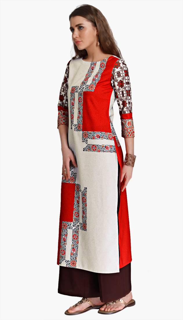 White Polyester Three Quarter Sleeves Round Neck stitched kurtas and kurtis