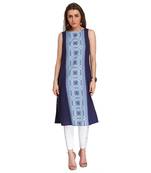 Blue Viscose Rayon embroidery Sleeveless Round Neck stitched kurtas and kurtis