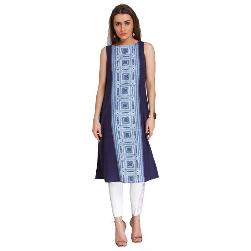 Blue Viscose Rayon embroidery Sleeveless Round Neck stitched kurtas and kurtis