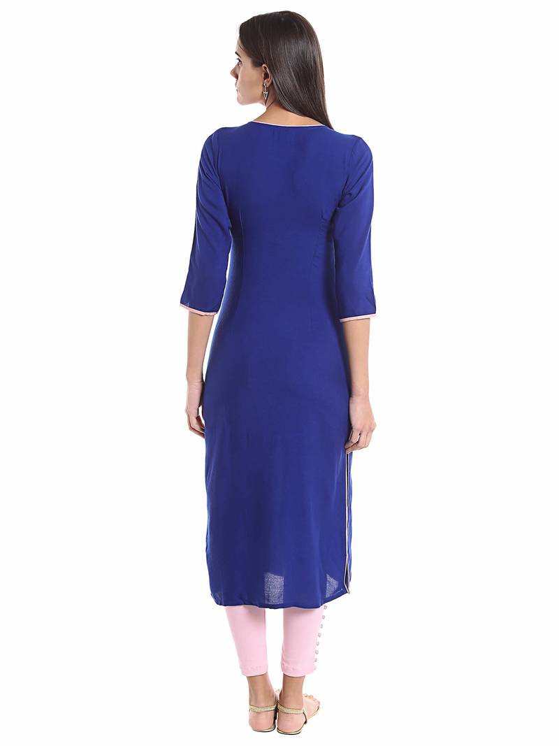 Blue Viscose Rayon Three Quarter Sleeves Round Neck stitched kurtas and kurtis