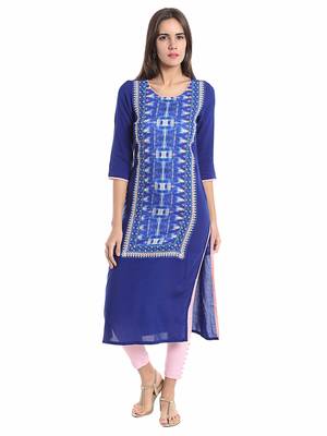 Blue Viscose Rayon Three Quarter Sleeves Round Neck stitched kurtas and kurtis 1