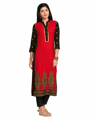 Red Viscose Rayon Three Quarter Sleeves V Neck stitched kurtas and kurtis 1