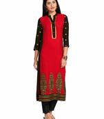 Red Viscose Rayon Three Quarter Sleeves V Neck stitched kurtas and kurtis