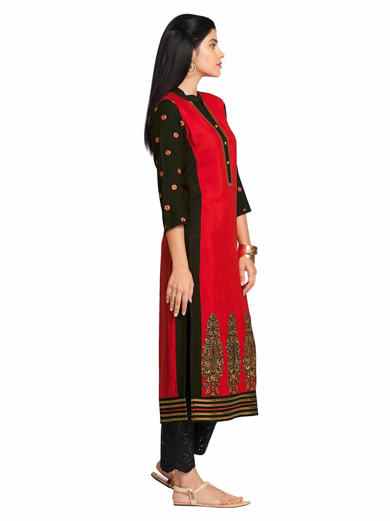 Red Viscose Rayon Three Quarter Sleeves V Neck stitched kurtas and kurtis