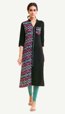 Black Viscose Rayon Three Quarter Sleeves V Neck stitched kurtas and kurtis 1