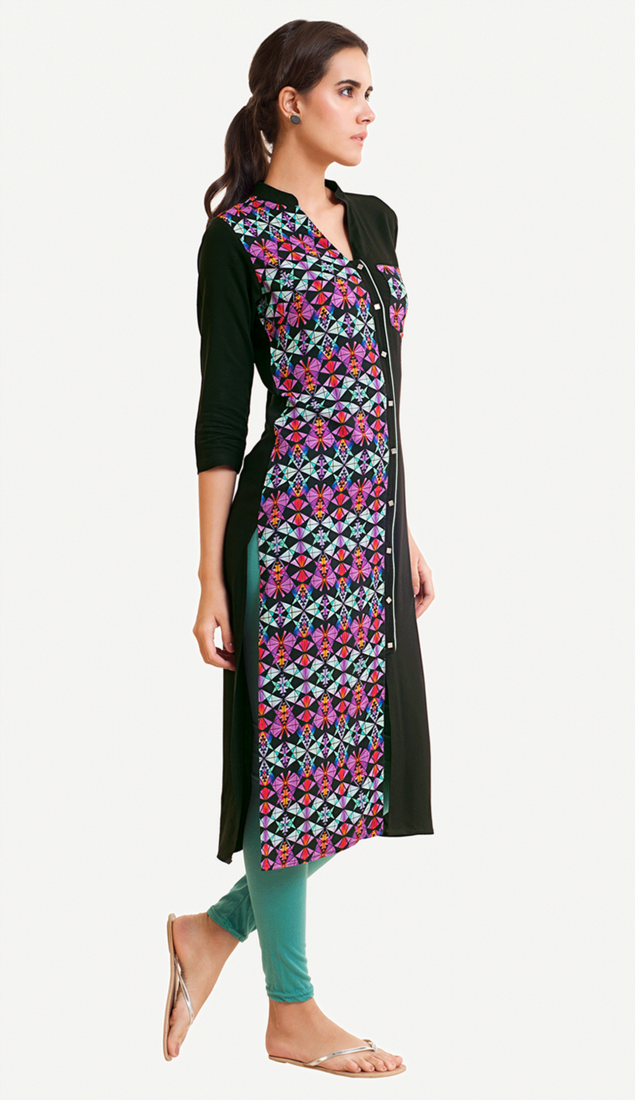 Black Viscose Rayon Three Quarter Sleeves V Neck stitched kurtas and kurtis