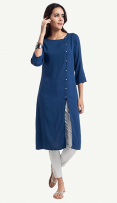 Blue Viscose Rayon Three Quarter Sleeves Round Neck stitched kurtas and kurtis 1