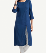 Blue Viscose Rayon Three Quarter Sleeves Round Neck stitched kurtas and kurtis