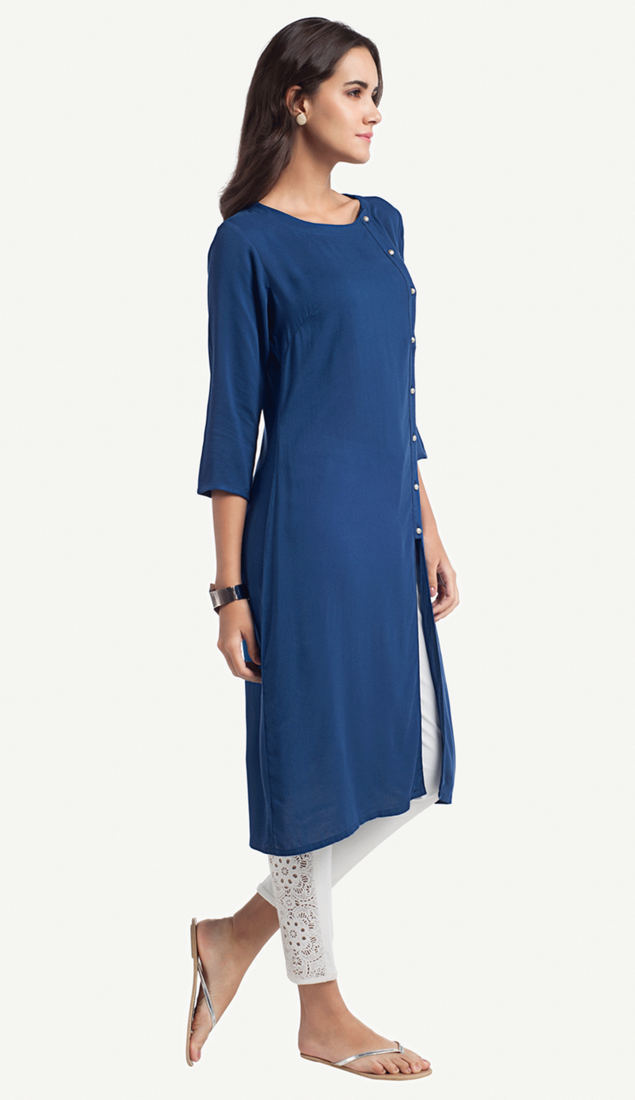 Blue Viscose Rayon Three Quarter Sleeves Round Neck stitched kurtas and kurtis