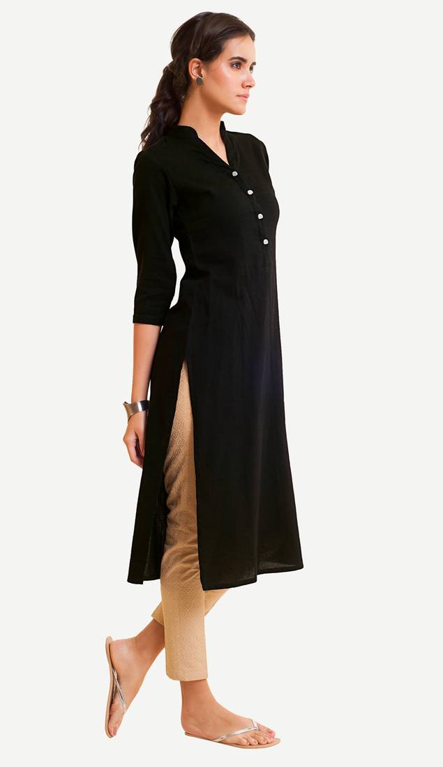 Black Viscose Rayon Three Quarter Sleeves V Neck stitched kurtas and kurtis