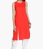 Red Viscose Rayon Sleeveless Round Neck stitched kurtas and kurtis