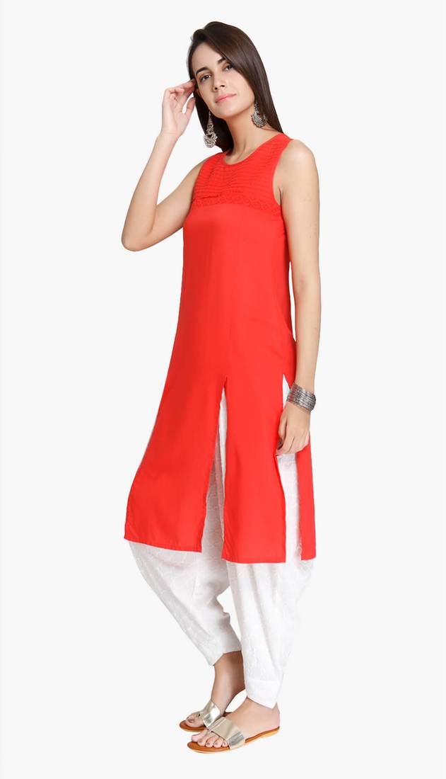 Red Viscose Rayon Sleeveless Round Neck stitched kurtas and kurtis