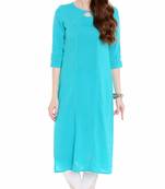 Blue Viscose Rayon Three Quarter Sleeves Round Neck stitched kurtas and kurtis