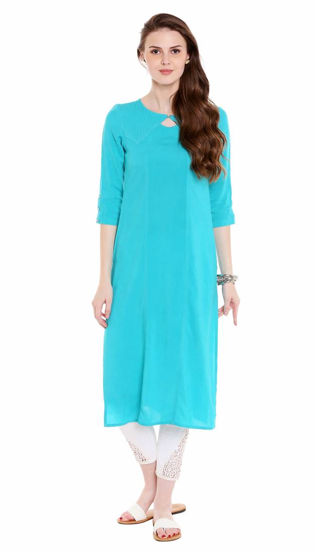 Blue Viscose Rayon Three Quarter Sleeves Round Neck stitched kurtas and kurtis
