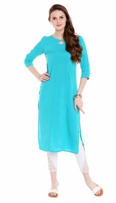 Blue Viscose Rayon Three Quarter Sleeves Round Neck stitched kurtas and kurtis 2