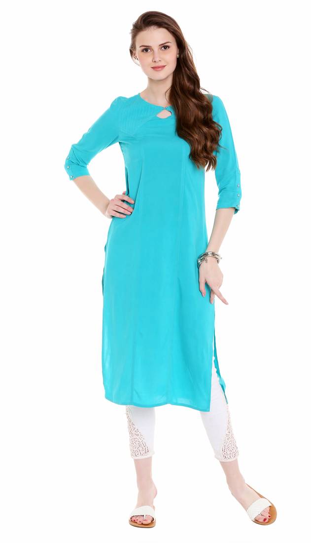 Blue Viscose Rayon Three Quarter Sleeves Round Neck stitched kurtas and kurtis