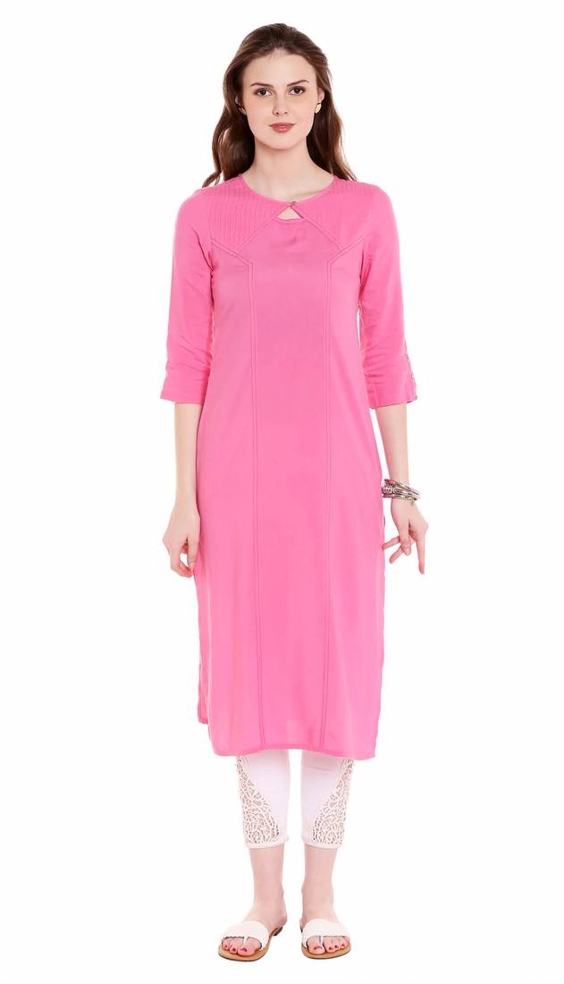 Pink Viscose Rayon Three Quarter Sleeves Round Neck stitched kurtas and kurtis