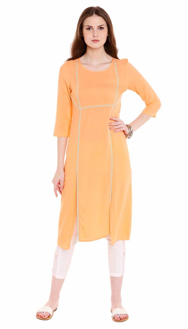 Orange Viscose Rayon Three Quarter Sleeves Round Neck stitched kurtas and kurtis