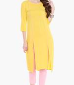 Yellow Viscose Rayon embroidery Three Quarter Sleeves Round Neck stitched kurtas and kurtis