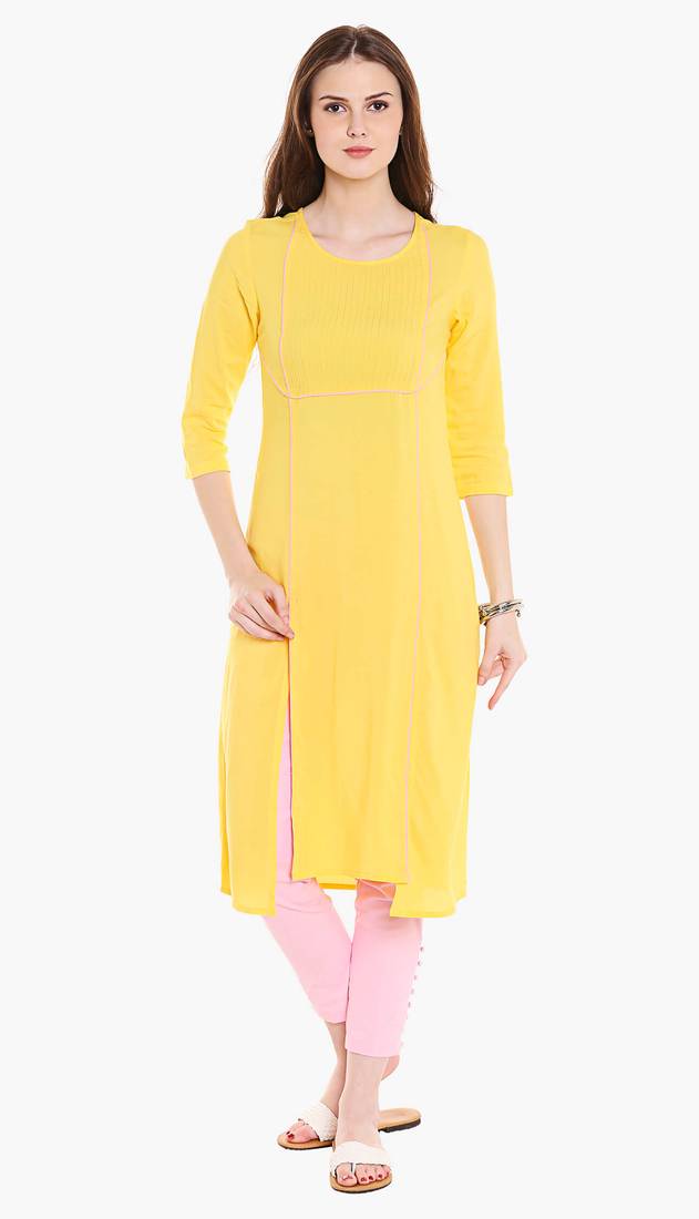 Yellow Viscose Rayon embroidery Three Quarter Sleeves Round Neck stitched kurtas and kurtis