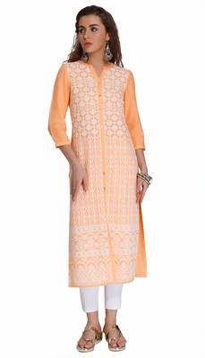 Orange Viscose Rayon embroidery Three Quarter Sleeves V Neck stitched kurtas and kurtis 1