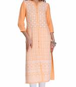 Orange Viscose Rayon embroidery Three Quarter Sleeves V Neck stitched kurtas and kurtis