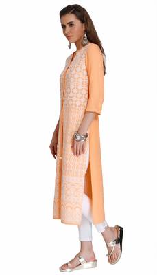 Orange Viscose Rayon embroidery Three Quarter Sleeves V Neck stitched kurtas and kurtis 2