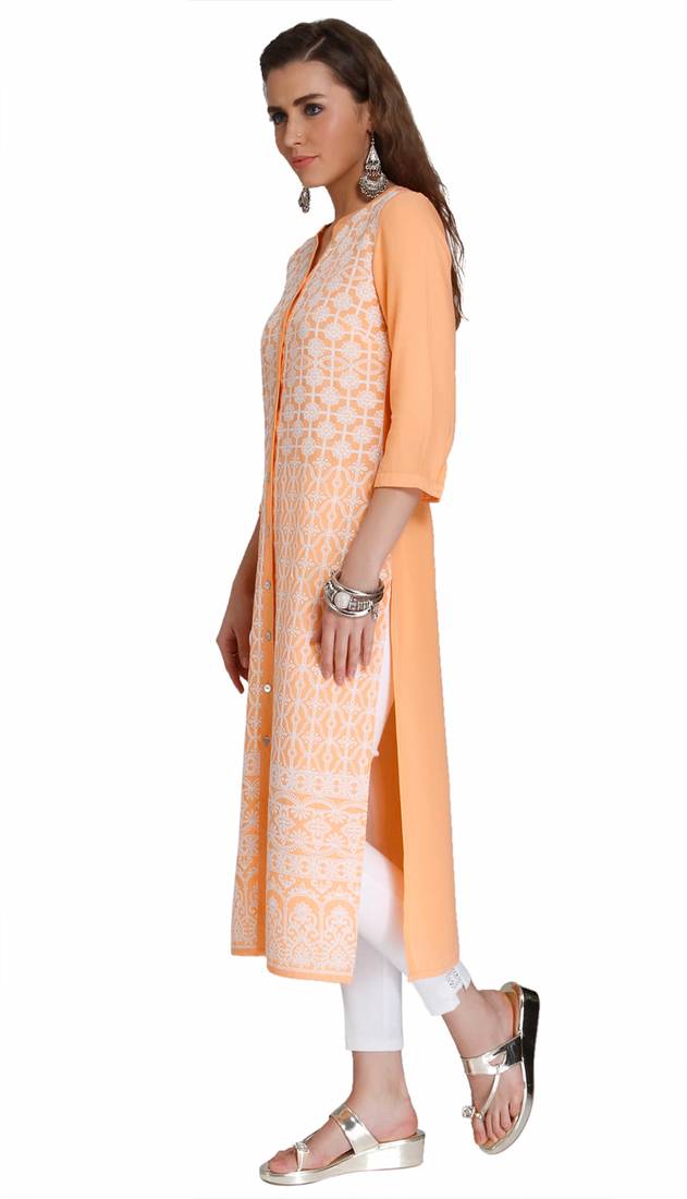 Orange Viscose Rayon embroidery Three Quarter Sleeves V Neck stitched kurtas and kurtis