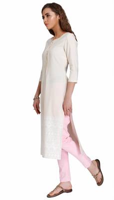 White Viscose Rayon embroidery Three Quarter Sleeves Round Neck stitched kurtas and kurtis 1